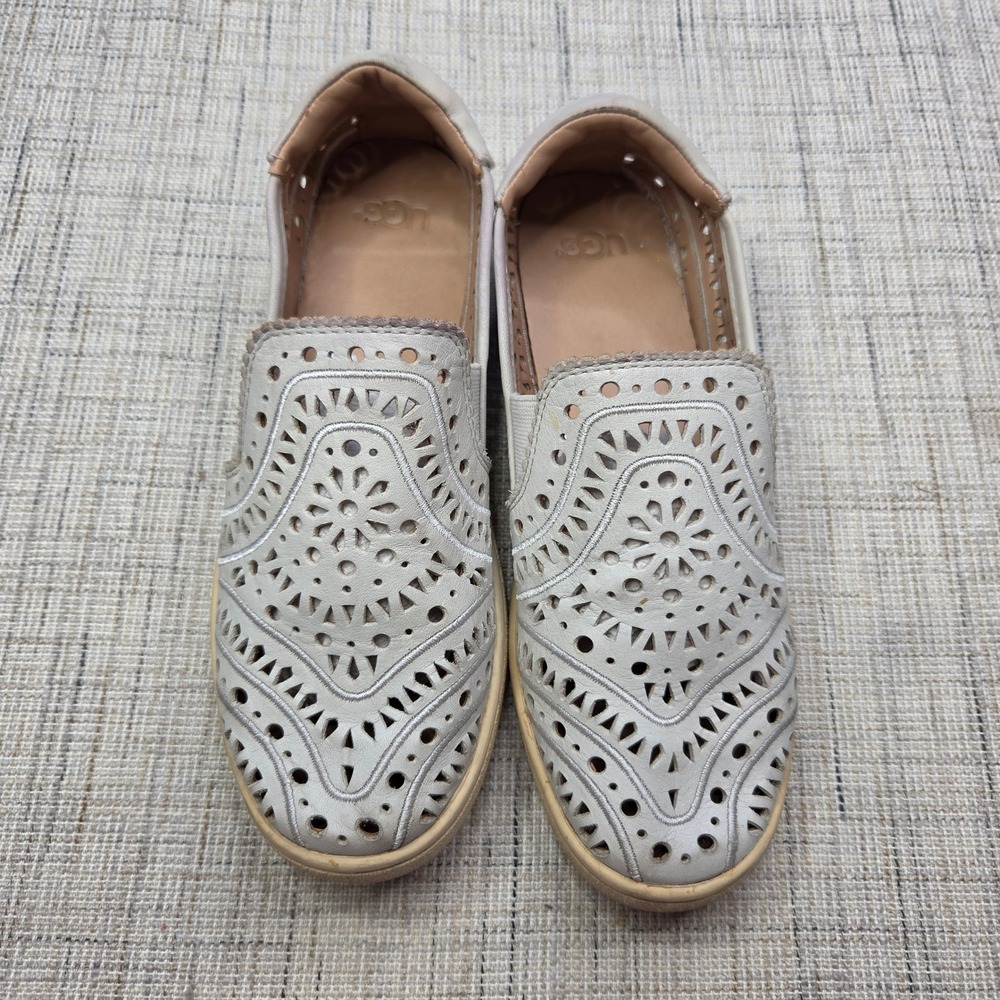 UGG Tye Stardust Grey Leather Laser Cut Perforated Slip On Sneakers 1020093 W7